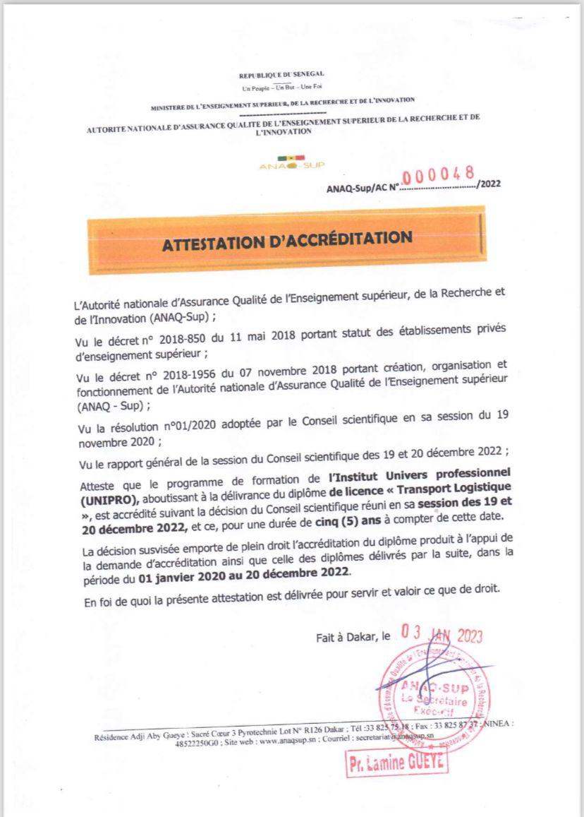 Attestation d'accréditation ANAQ-Sup — Licence Transport-Logistique