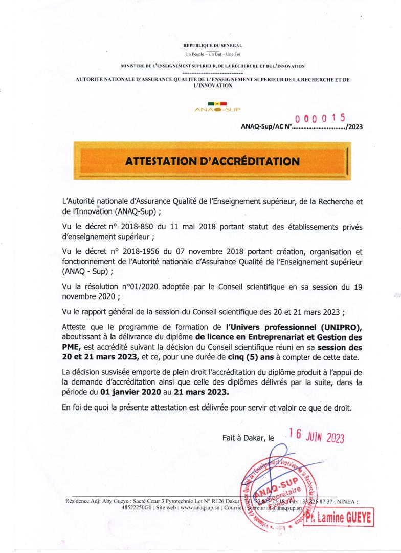 Attestation d'accréditation ANAQ-Sup — Licence Entreprenariat et Gestion des PME