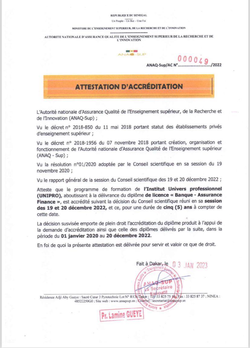 Attestation d'accréditation ANAQ-Sup — Licence Banque-Assurance-Finance