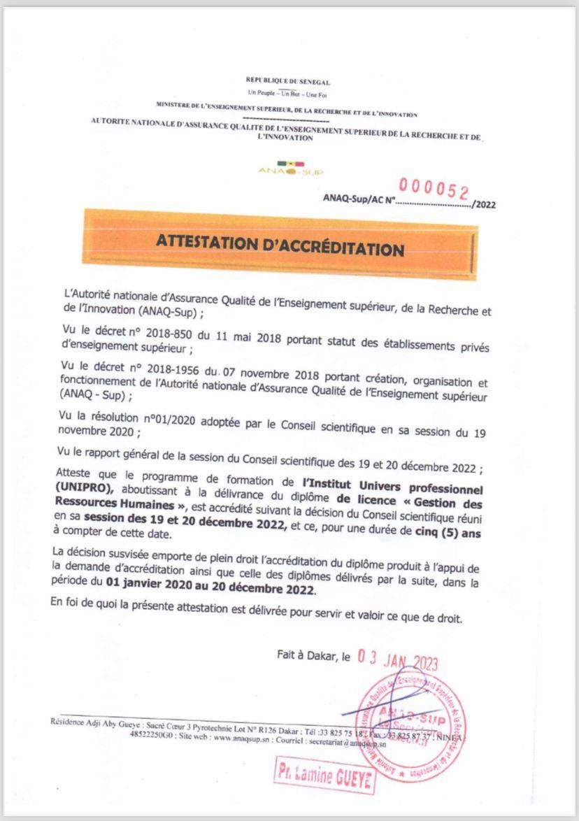 Attestation d'accréditation ANAQ-Sup — Licence Gestion des Ressources Humaines