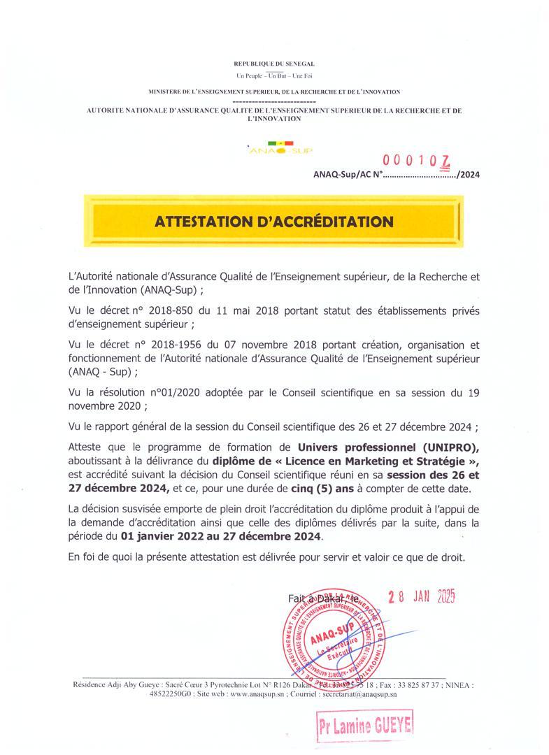 Attestation d'accréditation ANAQ-Sup — Licence Marketing et Stratégie
