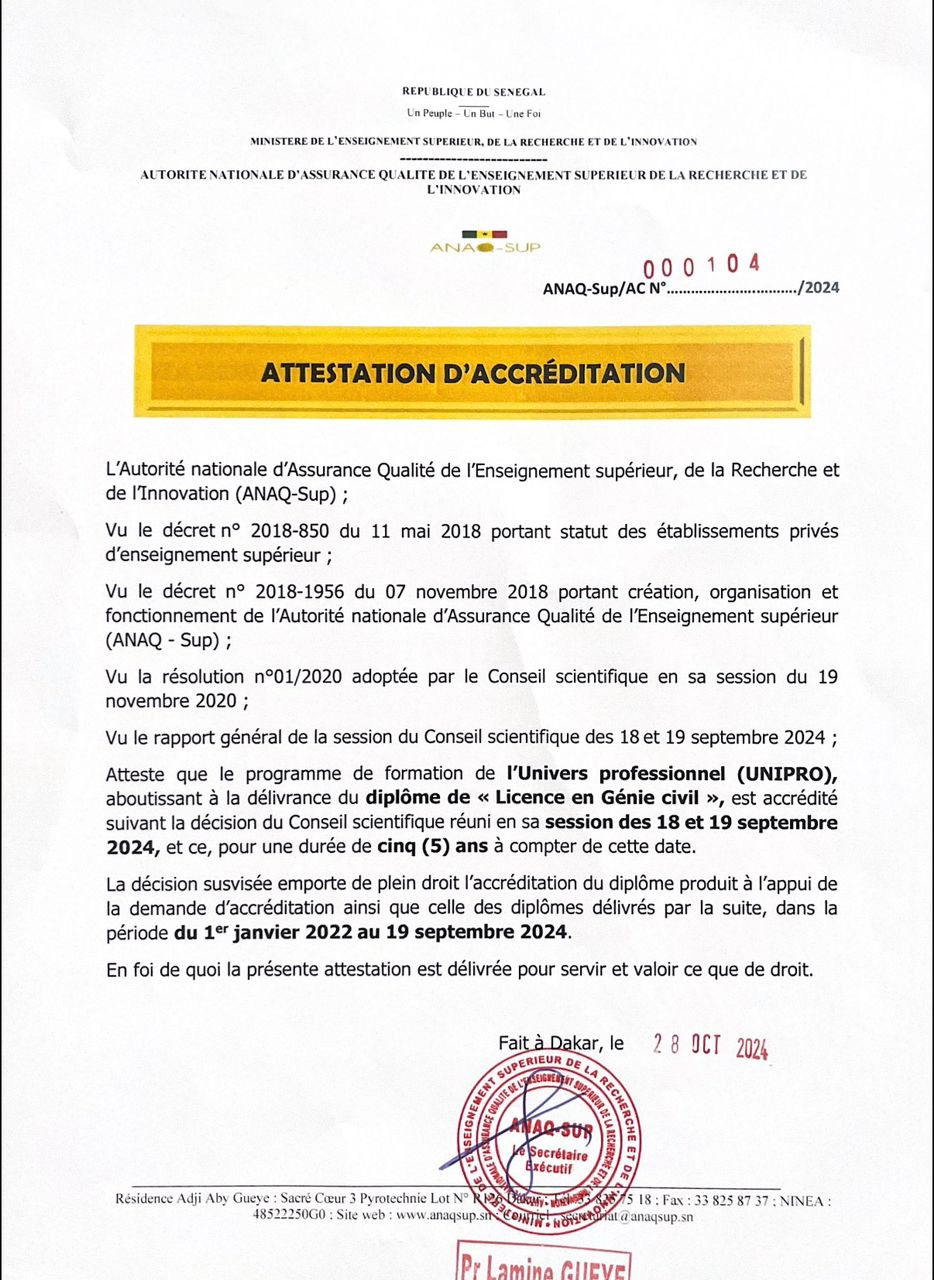 Attestation d'accréditation ANAQ-Sup — Licence en Génie civil