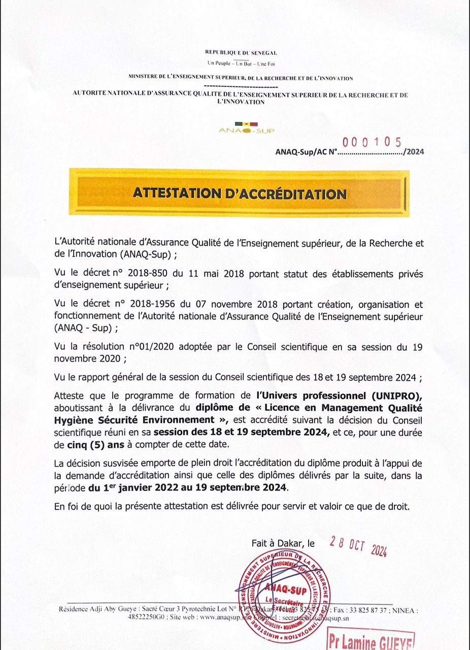 Attestation d'accréditation ANAQ-Sup — Licence Management QHSE