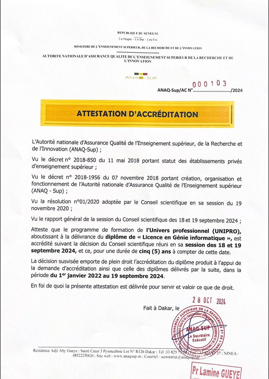Attestation d'accréditation ANAQ-Sup — Licence en Génie informatique