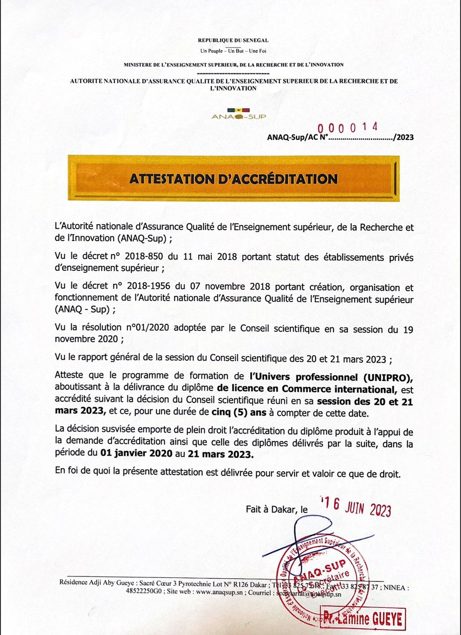 Attestation d'accréditation ANAQ-Sup — Licence Commerce international